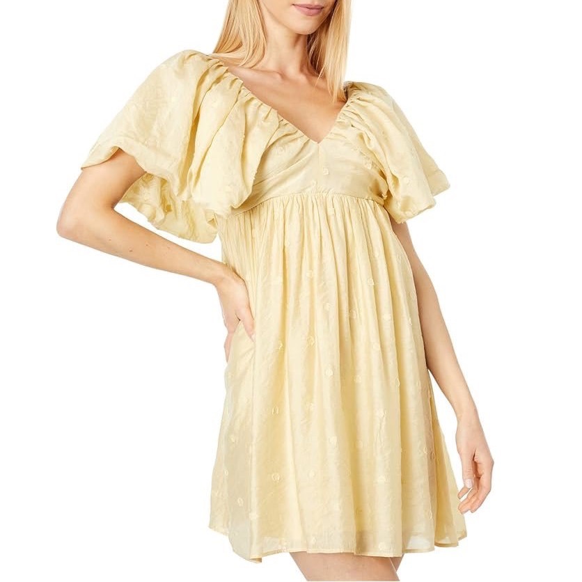 Moon River Yellow Off Shoulder Puff Sleeve Open Back Mini Dress Size Medium